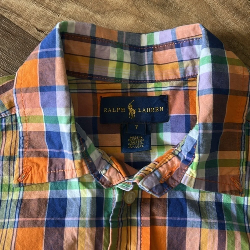 Ralph Lauren boys dress shirt size 7 orange,blue,green,yellow,white stripes